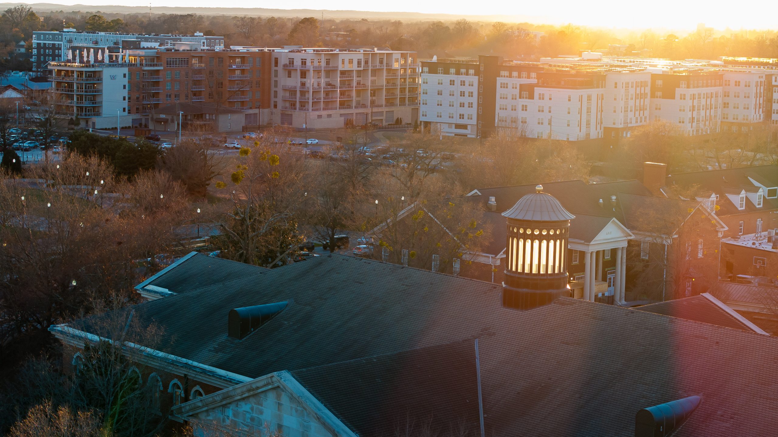 ariel picture of the library at sunset